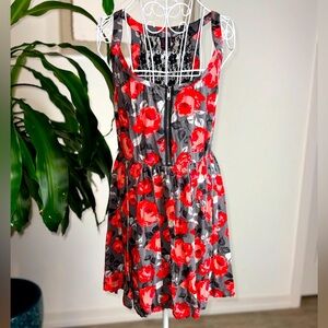 Woman Mini Dress by Material Girl size Large color black red and gray with roses